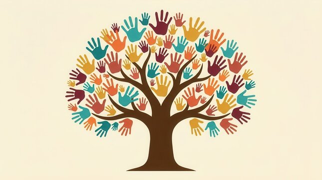 Diverse community concept illustration with a tree made of many colorful hands.
