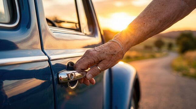 An aging person's hand touches a classic blue automobile handle, evoking nostalgia.