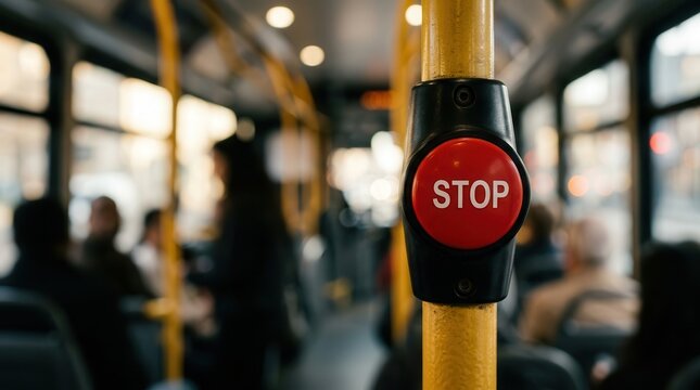 Urban transit concept showing a red stop button on a handrail with commuters in the background.