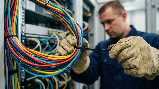 Electrician working on structured cabling and data network setup with color-coded wires.