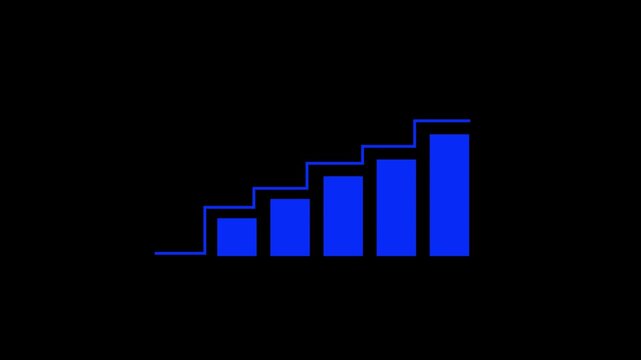 Dynamic blue bar graph rising step by step on black background, representing financial growth, business success, data analytics, market trends, economic progress, and corporate performance metrics