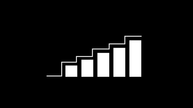 Minimalist white animated bar graph rising upward on a clean black background, representing business growth, financial success, data analytics, market trends, and positive economic development