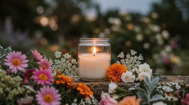 A glowing memorial candle and vibrant flowers symbolizing mourning and remembrance.