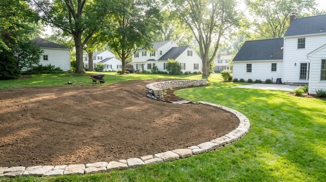 Landscape construction showing slope shaping and excavated dirt to direct water away from a house.
