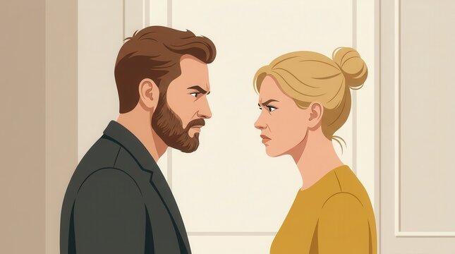 A man and woman in a tense argument during divorce.