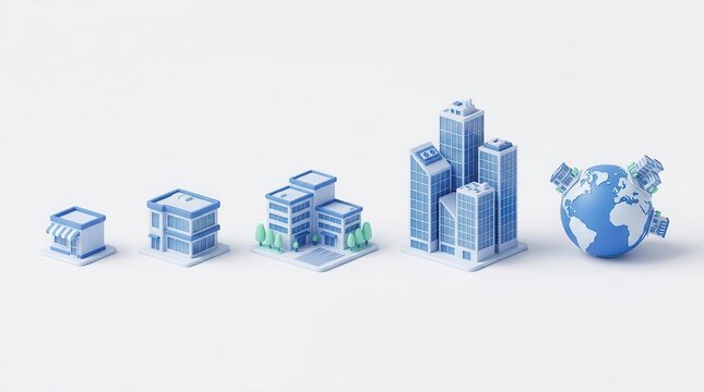 Scale of business growth from small business to enterprise and global corporation using 3D icons.