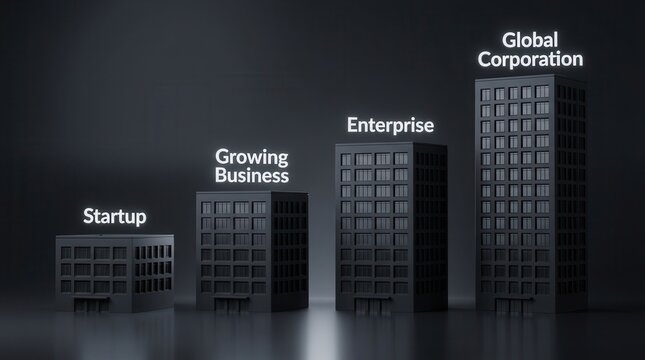 Business growth and scale symbolized by four stacked building blocks labeled Startup, Growing Business, Enterprise, and Global Corporation.