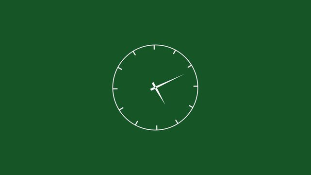 Minimalist white analog clock face animation rotating rapidly on a solid dark green background, representing the fast passage of time, deadline pressure, efficiency, and chronological progression