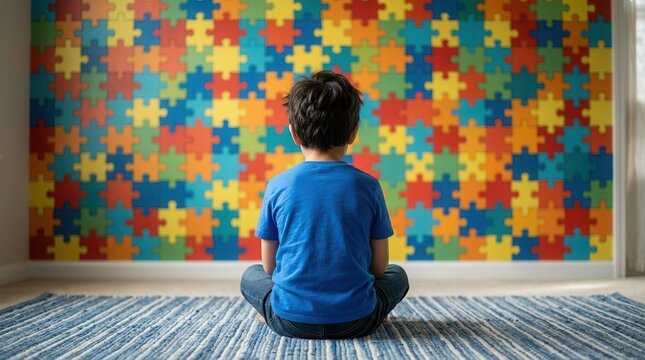 Pensive young boy with autism spectrum disorder sitting against a vibrant jigsaw puzzle background.