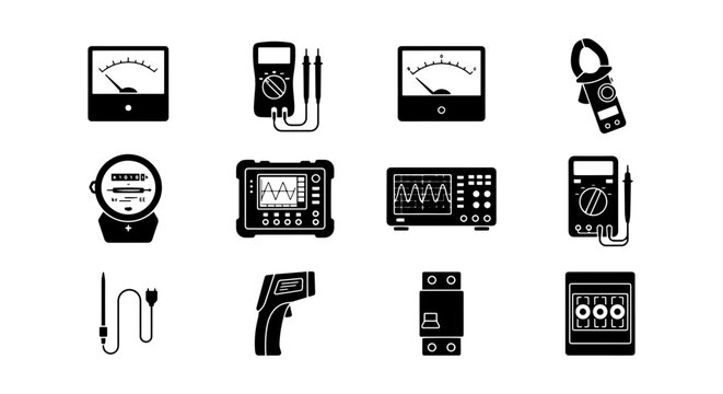 Electrical Measurement Tools Set, Digital Multimeter Icons, Oscilloscope Vector Graphics, Clamp Meter Symbols