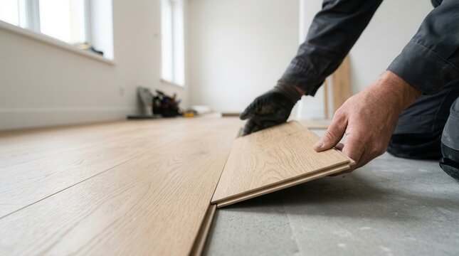 A worker installing durable waterproof LVP plank flooring to create a wood-look surface.