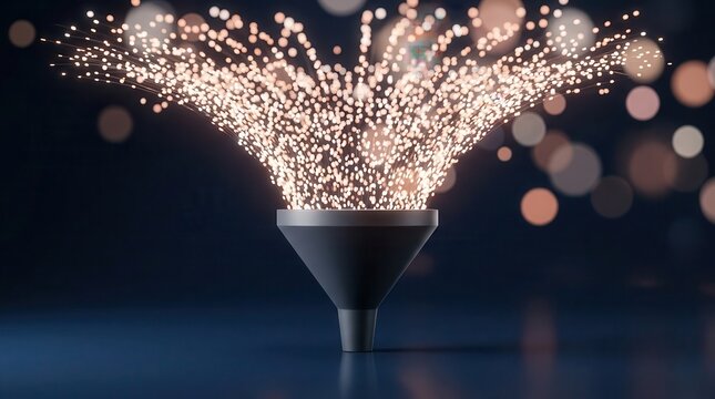 Marketing automation workflow concept featuring a funnel with a digital particle stream.