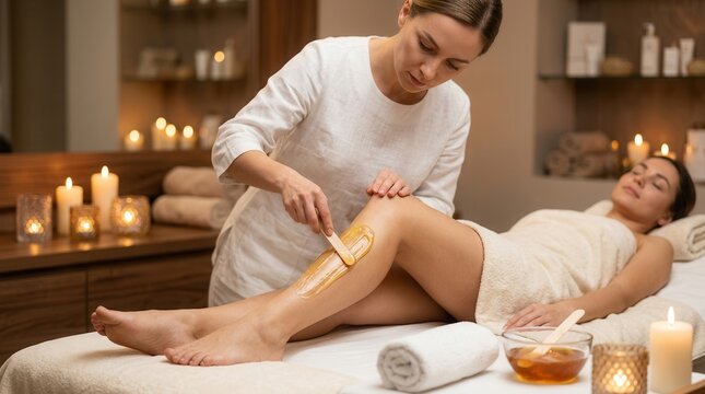 Esthetician applying organic sugar paste to a client's legs for hair removal service