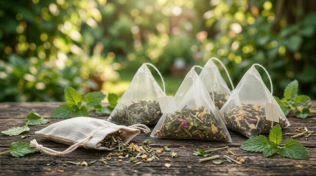 Relaxing green tea and lemon balm herbal tea bags on a wooden surface with blank space.