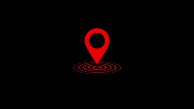 Animated red map location pin with pulsing radar circles on a clean black background, digital navigation, gps tracking, travel apps, and modern user interface