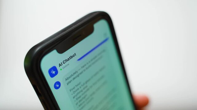 Hand holding smartphone with AI chatbot conversation on screen close-up 