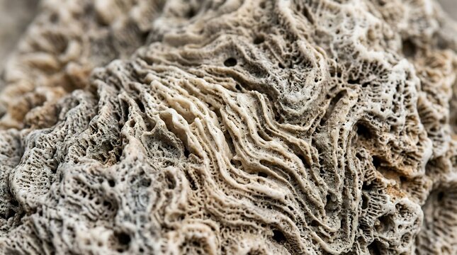 Close up of textured coral stone surface with intricate natural patterns and layered formations in neutral tones