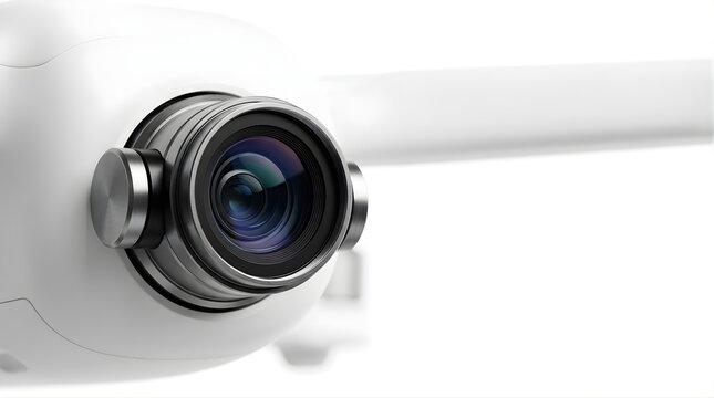 Modern drone camera lens close up isolated on a clean white background