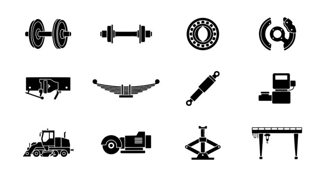 Automotive Parts and Equipment Icons: Vehicle Components, Mechanical Tools, Heavy Machinery