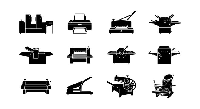 Printing Press Equipment Icons, Offset Lithography Machines, Paper Cutters, Bindery Tools, Graphic Design Assets