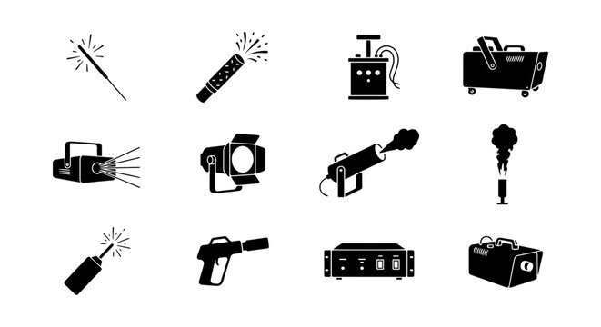 Party Effects Equipment Icons, Celebration Lighting and Smoke Machine Vector Set, Entertainment Gear Graphics
