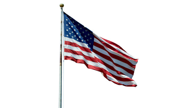 American flag waving on a flagpole, isolated on a transparent background PNG cutout