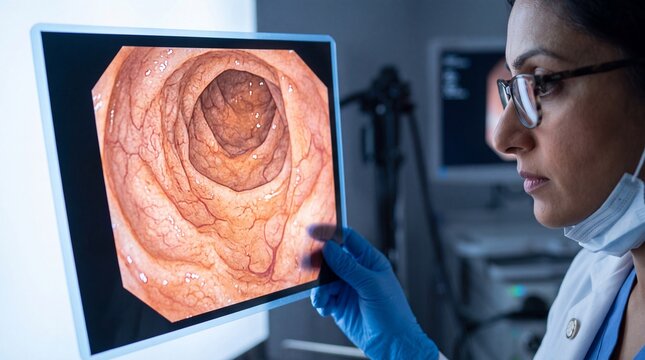 A doctor wearing glasses and blue medical gloves examining an endoscopic of the human colon ad social media download thambnail poster web template event festival 2026 2027 2028