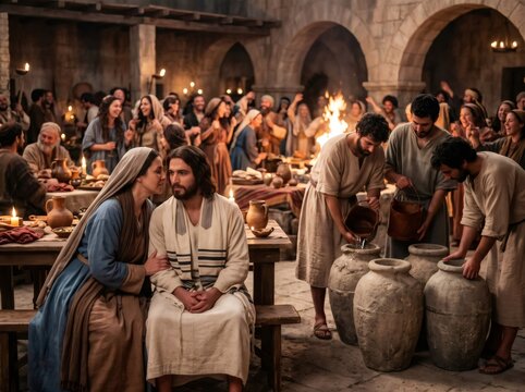 Mary speaking to Jesus at the Cana wedding feast