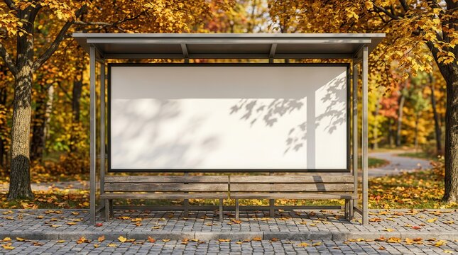Blank advertising billboard located at a public bus stop with wooden benches.