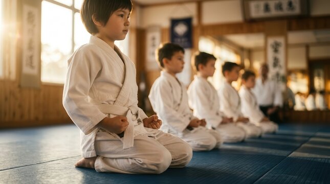 A group of young martial arts students practicing discipline and focus while kneeling on mats.