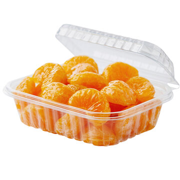 Plastic clamshell container with peeled orange segments isolated on transparent background PNG element