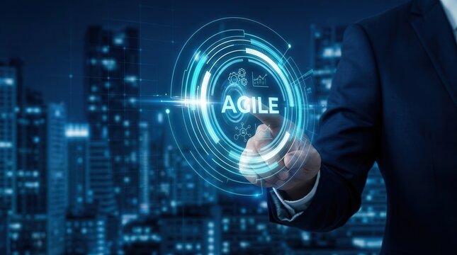 A hand interacting with an agile software development interface for project management and change driven concepts.