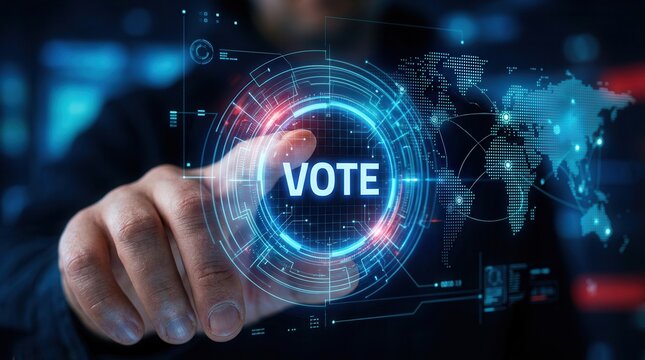 Online voting and e-voting technology featuring a finger pressing a digital vote button in a futuristic system.