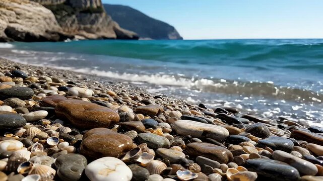 Seashells and pebbles on a sunny rocky beach with ocean waves