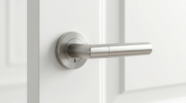 Modern minimalist white door featuring a sleek stainless steel lever doorknob.