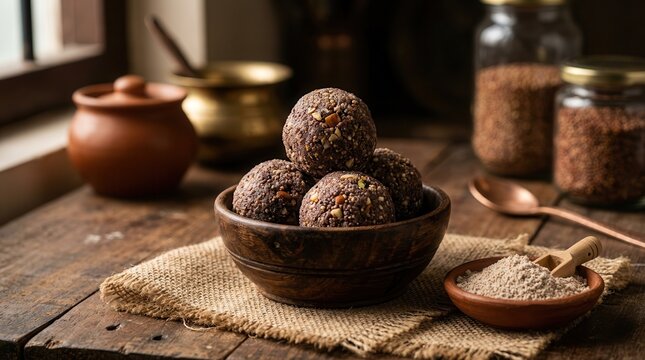 Indian finger millet snack featuring nutritious laddus and cookies with ghee and sugar.