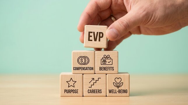 A hand placing an EVP block to build a corporate culture and benefits offering strategy.