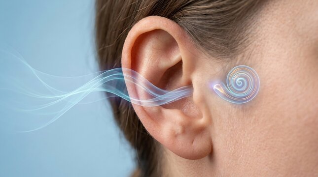 Human ear depicted in a close-up profile view shows a glowing sound wave entering the auditory canal to illustrate the medical process of acoustic processing and sensory health awareness campaigns.