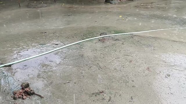 Raindrops falling on wet muddy ground with a long garden hose lying outdoors during heavy rain in rainy season