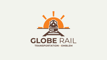 Globe Rail Transportation Emblem Featuring Vintage Locomotive Train on Tracks with Sunrise Illustration © Bocil