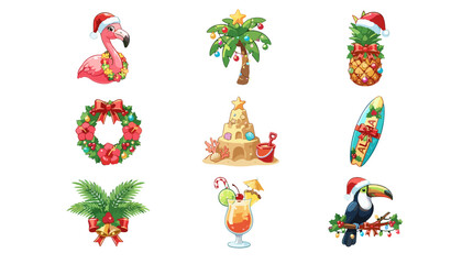 Fototapeta premium Set of colorful tropical and holiday themed illustrations for celebration