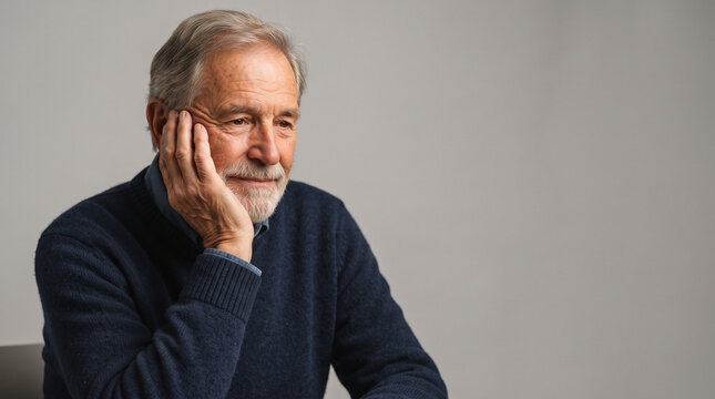 A senior man with gray hair and a beard, wearing a dark blue sweater, rests his chin on his ad social media download thambnail poster web template event festival 2026 2027 2028