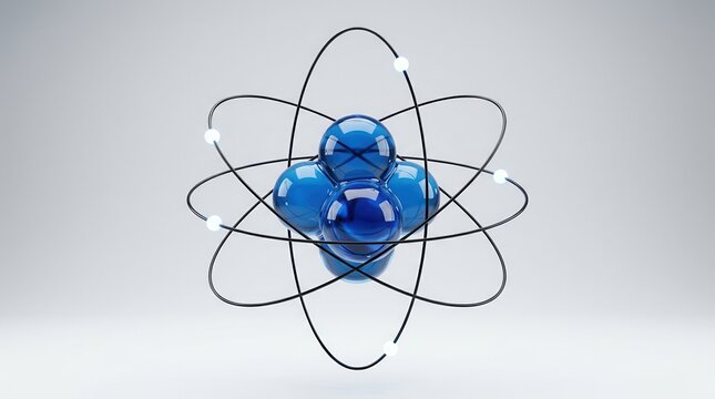 3D rendering of an abstract atom symbol with orbiting electron paths and a blue glossy nucleus.