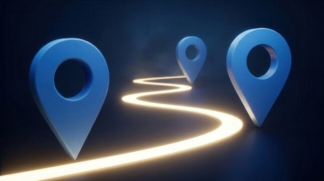 Digital route planning concept featuring blue location icons and a luminous winding path.