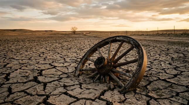 Rusted Wagon Wheel Buried in Cracked Dry Earth at Sunset