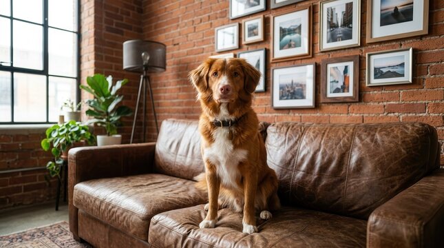 Nova Scotia Duck Tolling Retriever relaxing on a leather sofa within a modern loft setting.