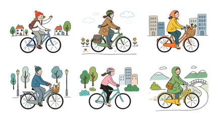 Naklejka premium Collection of people riding bicycles in different urban and park settings