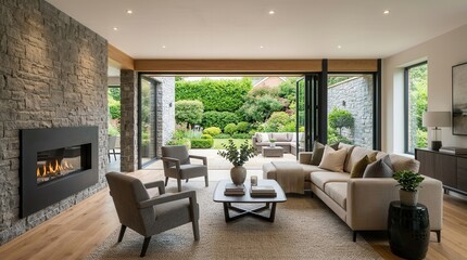 Fototapeta premium Luxury UK home renovation with large bifold doors and new interior wall opening.