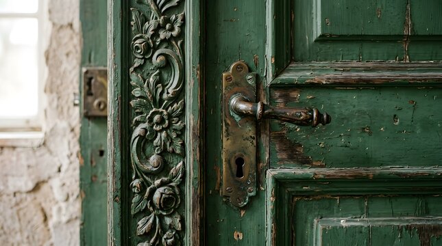 Antique Green Door with Ornate Metal Handle and Carved Floral Detail