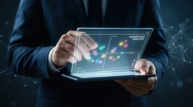 Strategic planning and market intelligence shown through a digital tablet displaying competitor analysis data.